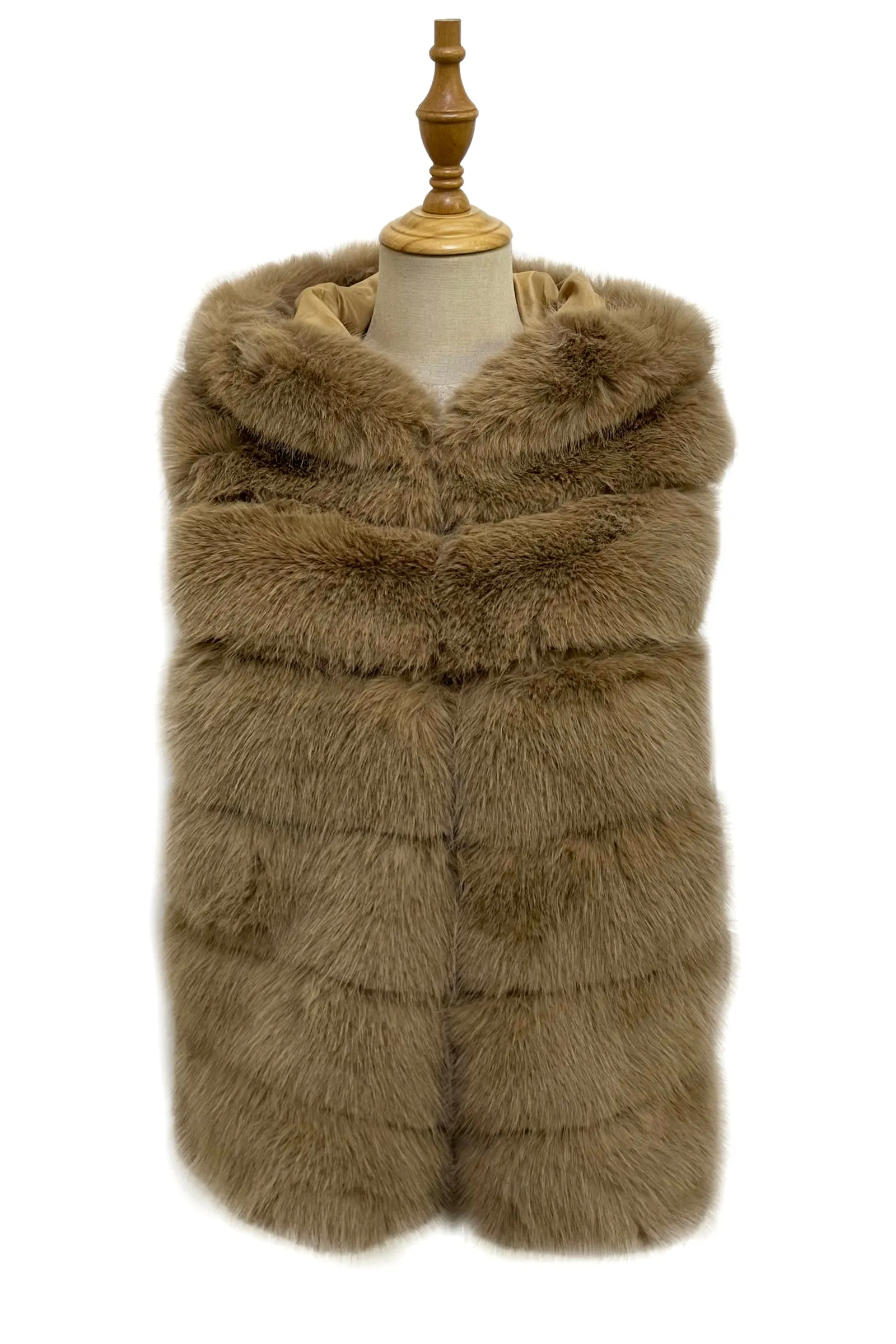 Plain Faux Fur Stripe Hooded Gilet Jacket