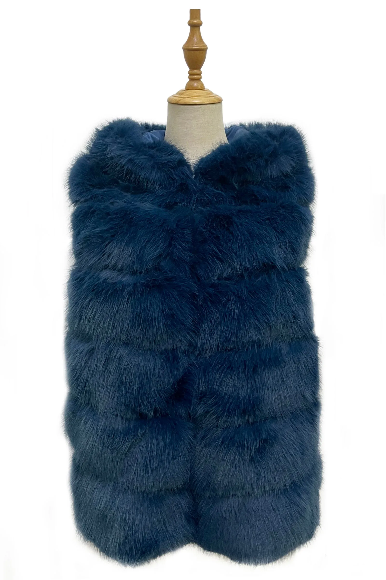 Plain Faux Fur Stripe Hooded Gilet Jacket