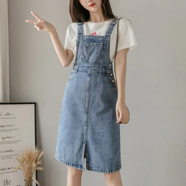 Preppy Knee-Length Denim Overall Dress