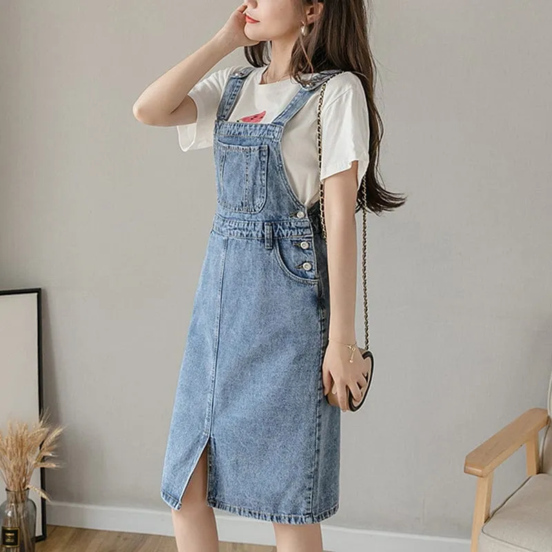 Preppy Knee-Length Denim Overall Dress