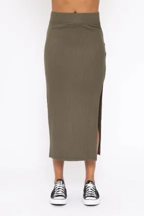 Ribbed High Waisted Midi Skirt