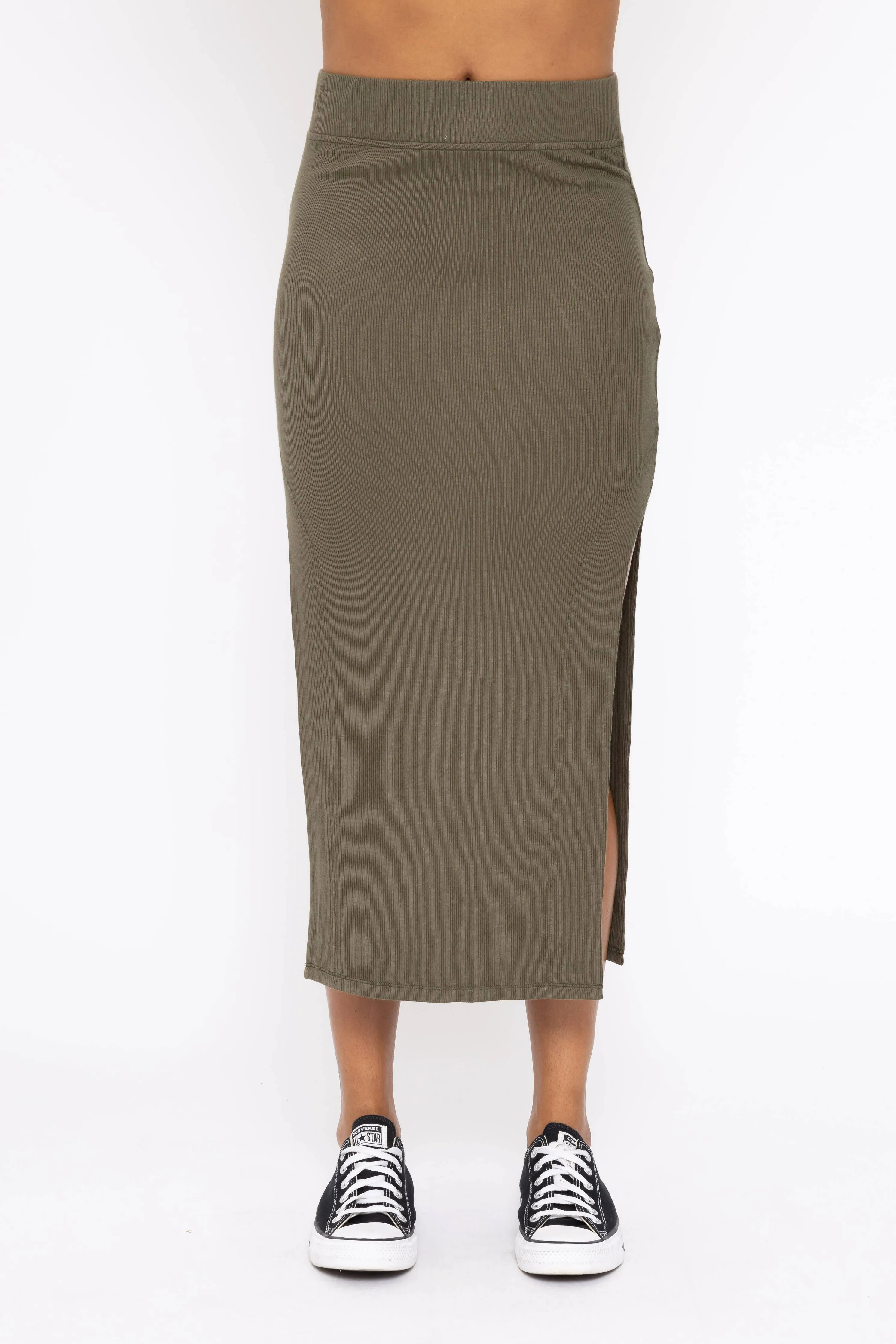 Ribbed High Waisted Midi Skirt