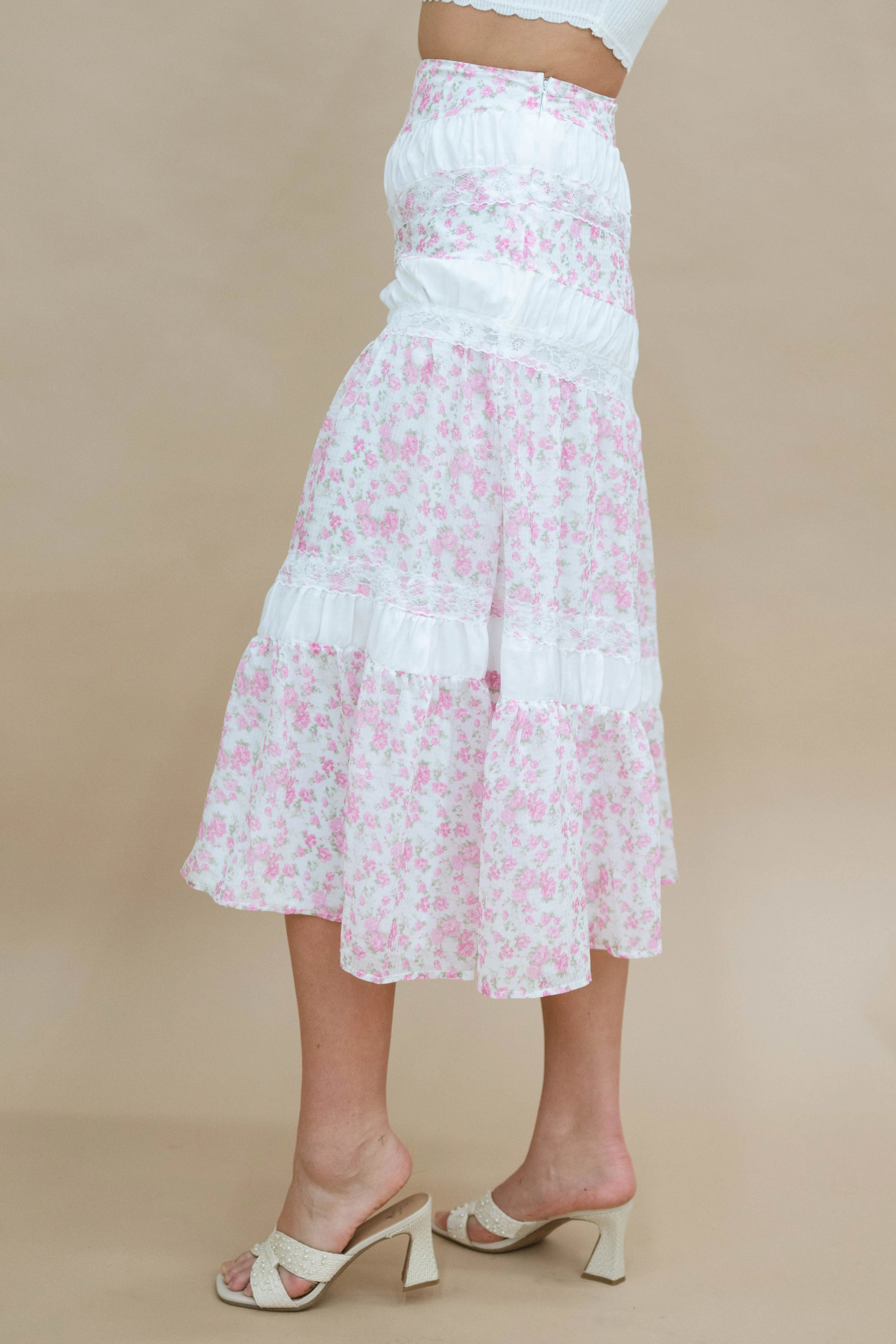 Sally Lace Trim Floral Midi Skirt
