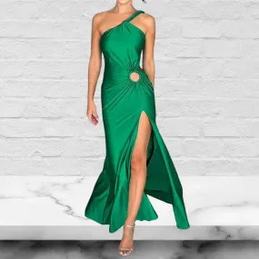 Satin Twist Ruched One Shoulder Cutout Detail Slit Maxi Dress
