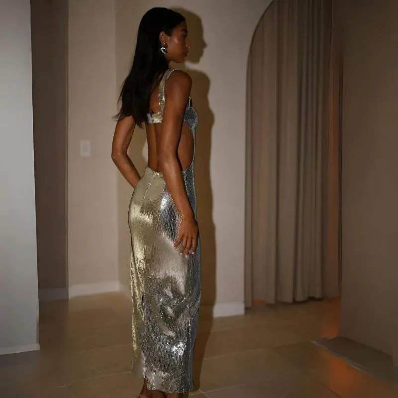 Sequined Maxi Dress with Open Back