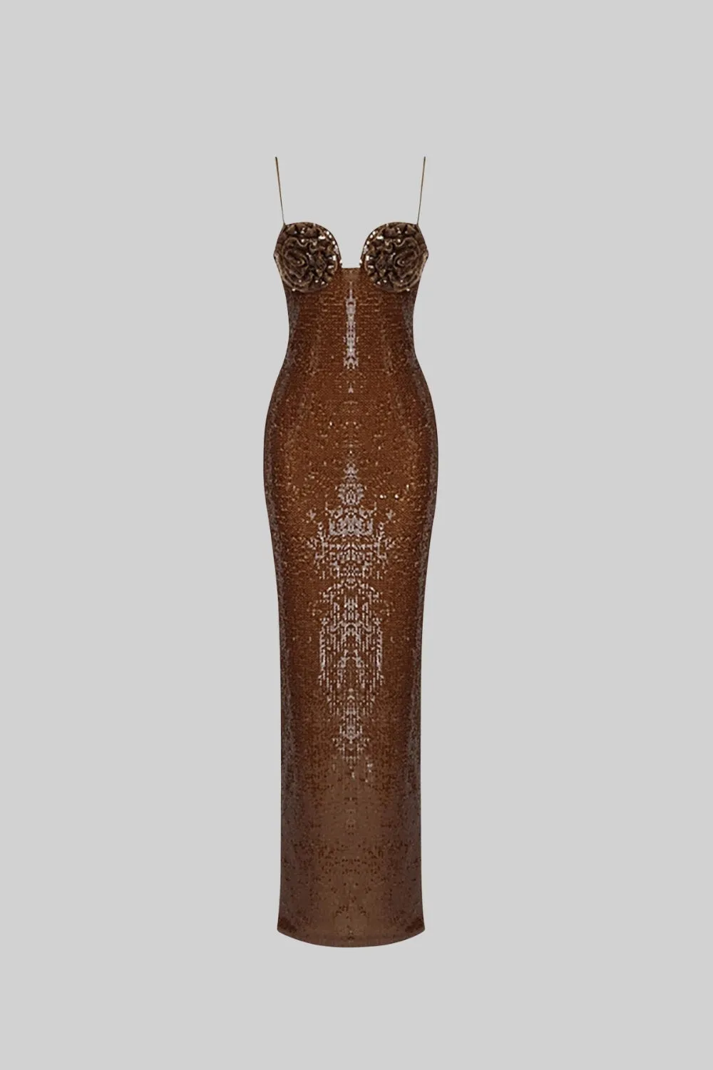 Sequins Maxi Dress with Flower details - Brown