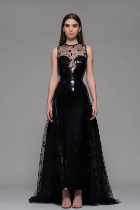 Sleeveless Sequin Column Midi Dress with Train