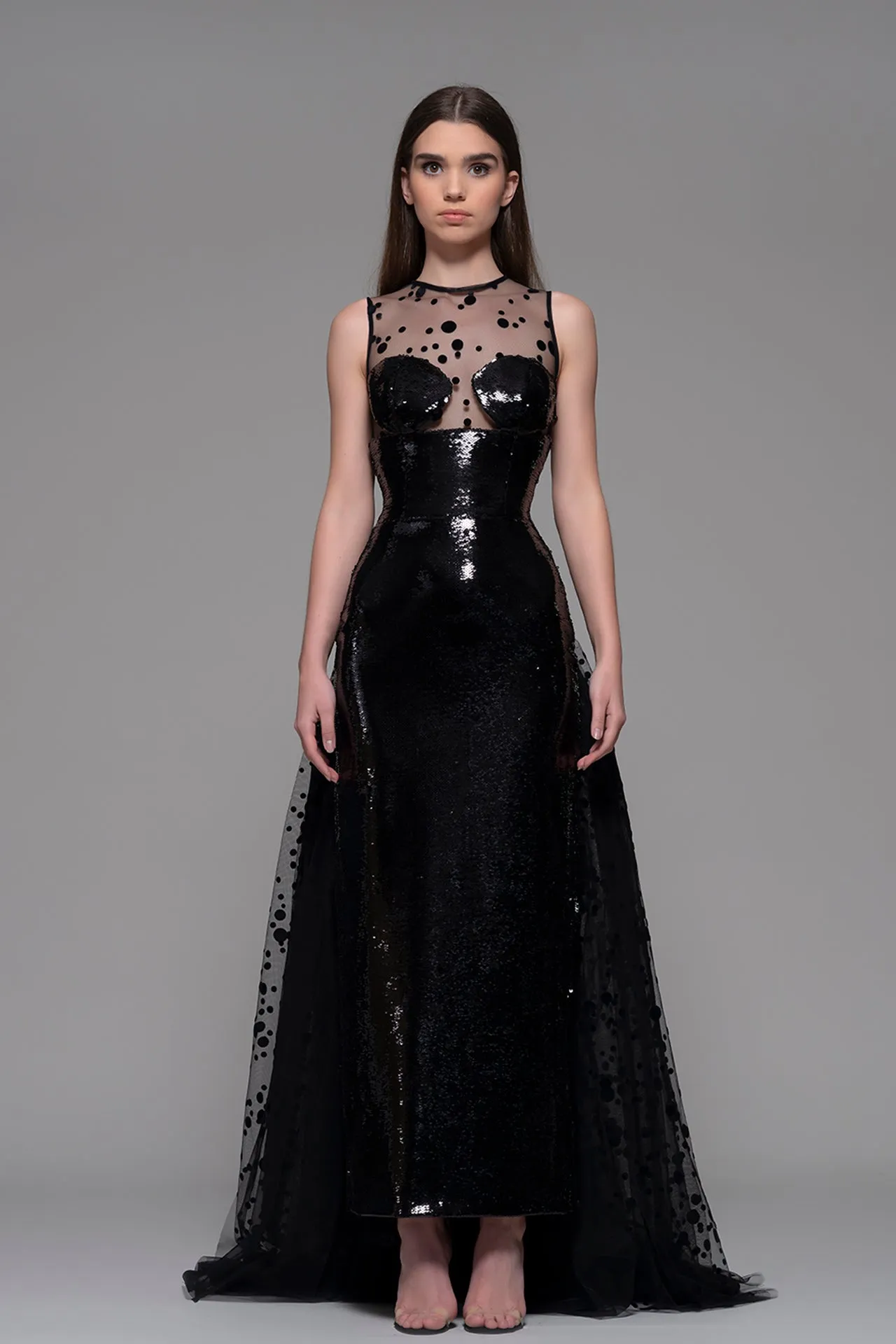 Sleeveless Sequin Column Midi Dress with Train