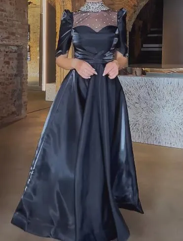 Smooth Satin Pearl Neckline Maxi Dress