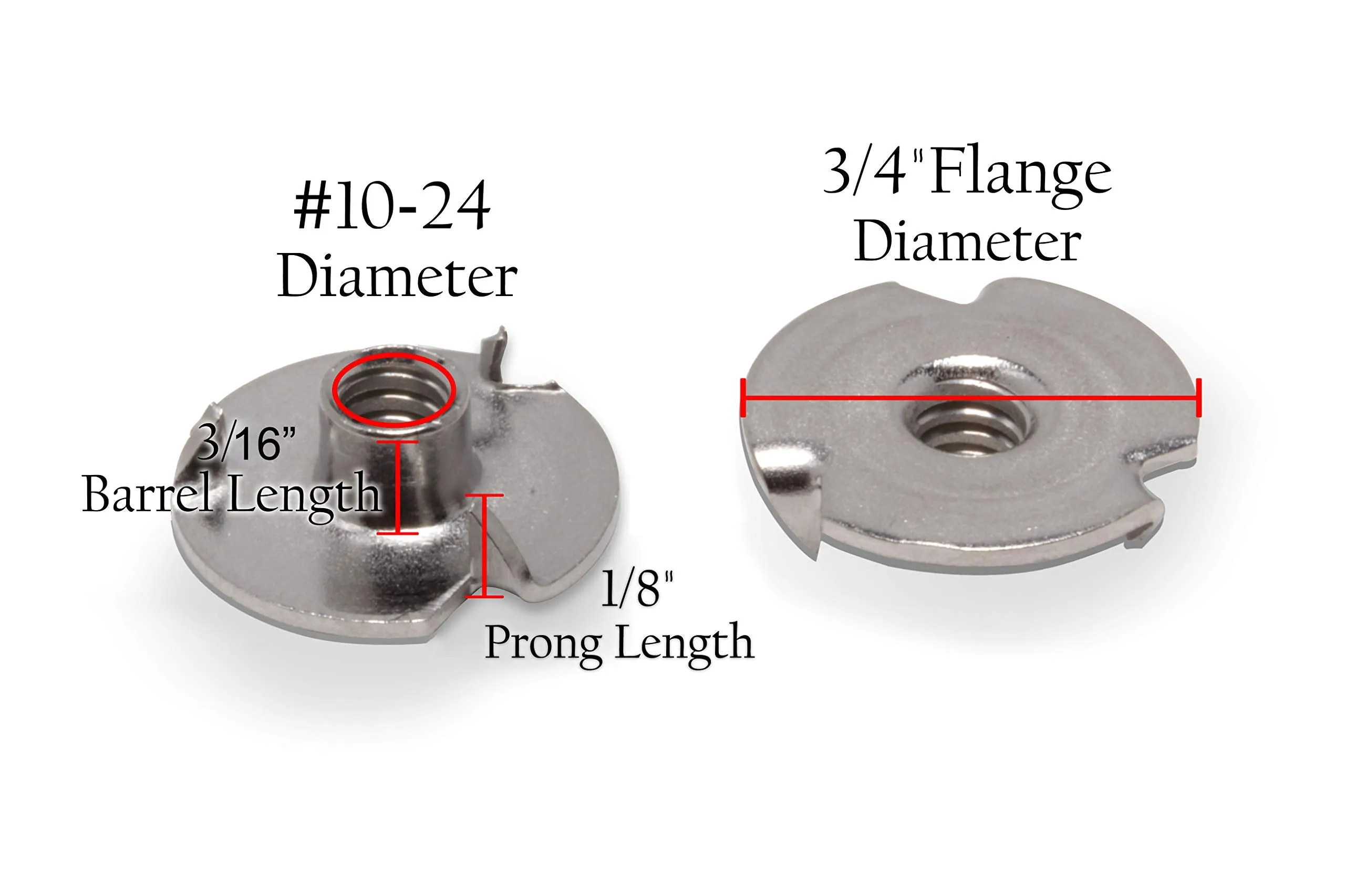 Stainless T-Nuts, 10-24" Inch, (25 Pack), Threaded Insert, Choose Size/Quantity, by Bolt