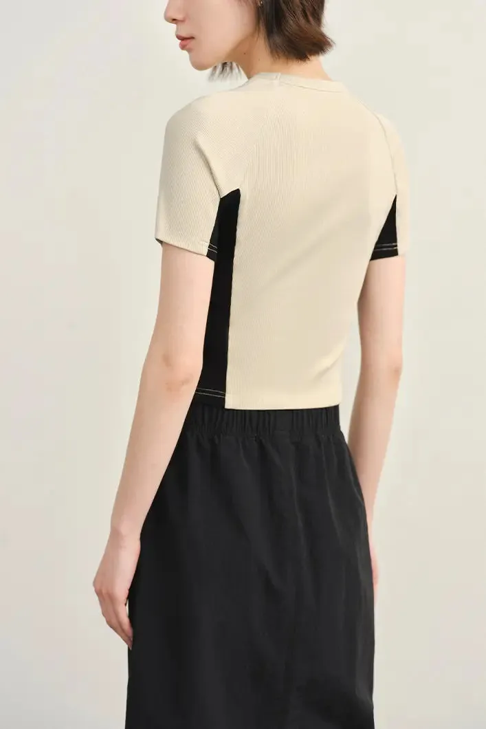 Stretchy Ribbed Crewneck Colorblock Cropped T Shirt