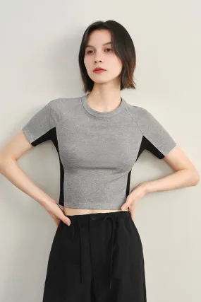 Stretchy Ribbed Crewneck Colorblock Cropped T Shirt