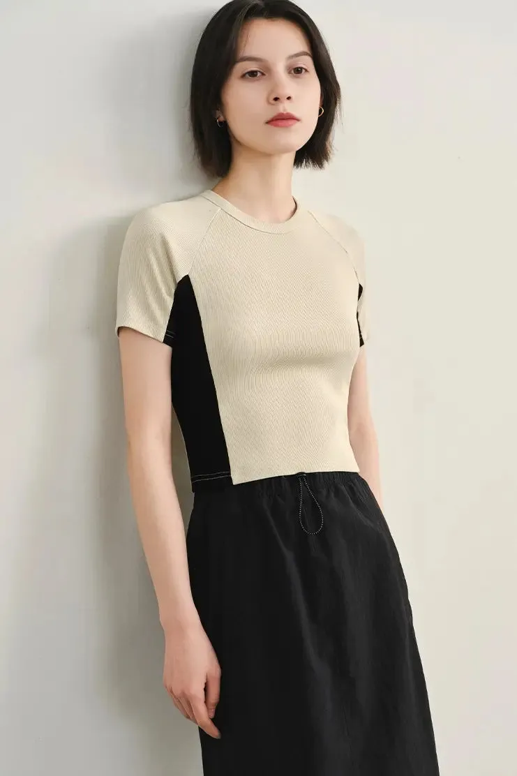 Stretchy Ribbed Crewneck Colorblock Cropped T Shirt