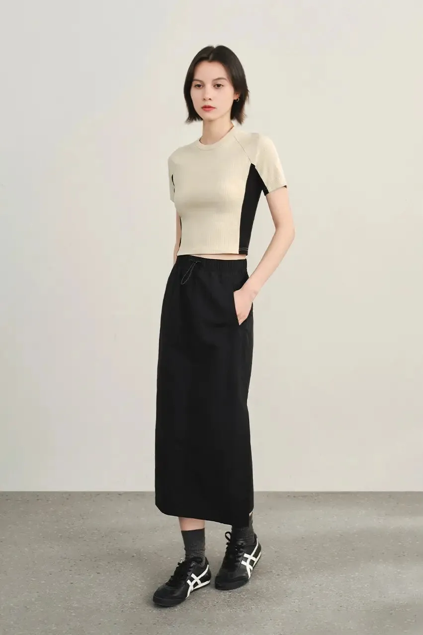 Stretchy Ribbed Crewneck Colorblock Cropped T Shirt
