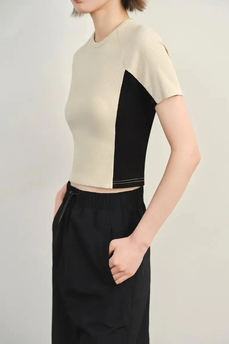Stretchy Ribbed Crewneck Colorblock Cropped T Shirt
