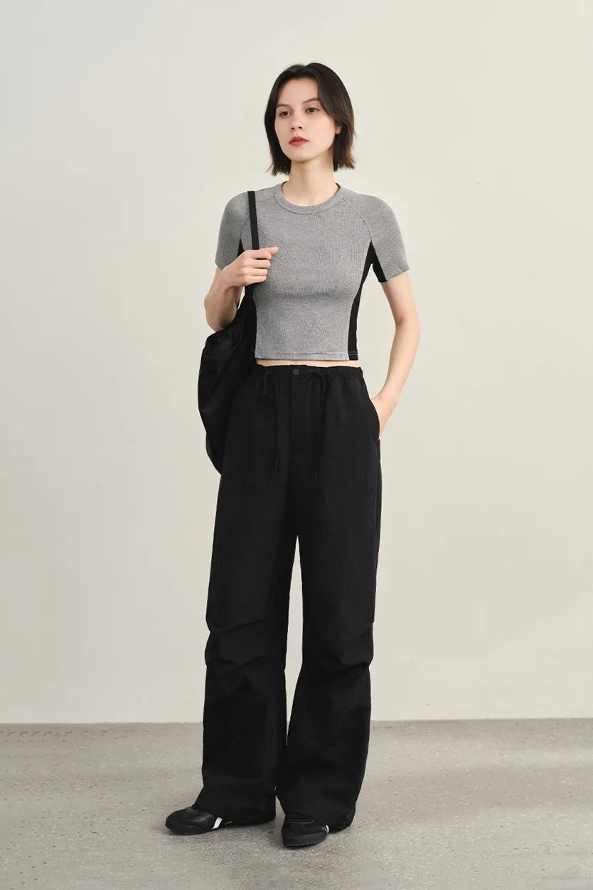 Stretchy Ribbed Crewneck Colorblock Cropped T Shirt