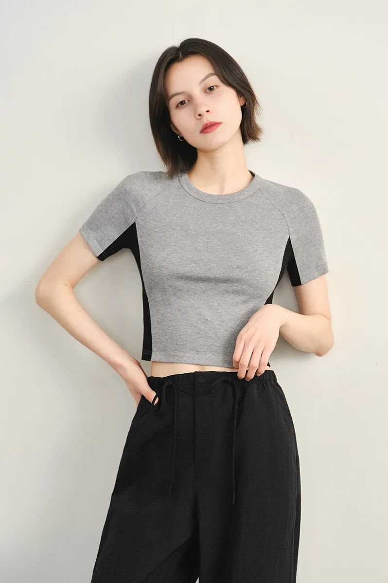 Stretchy Ribbed Crewneck Colorblock Cropped T Shirt