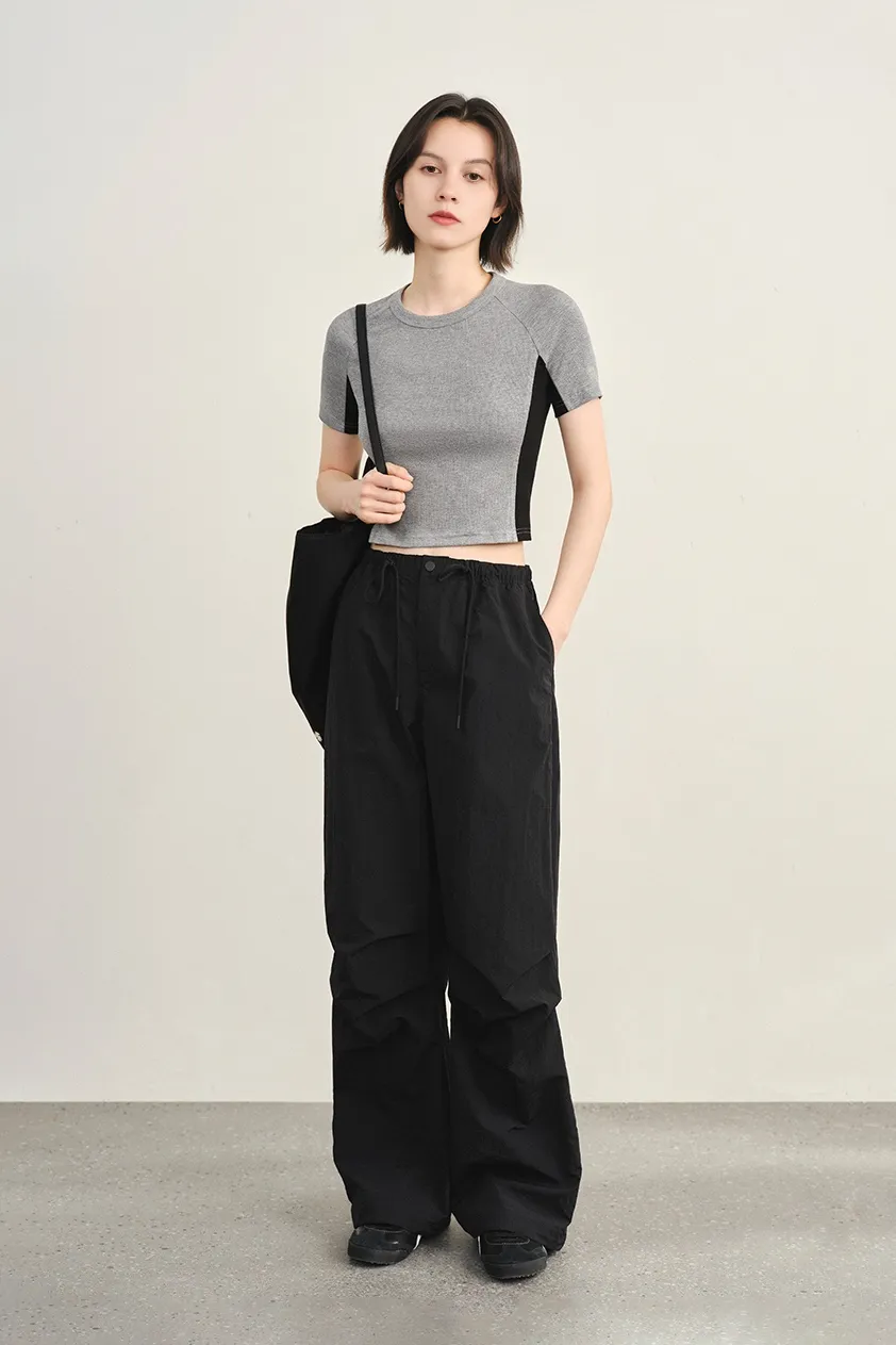 Stretchy Ribbed Crewneck Colorblock Cropped T Shirt
