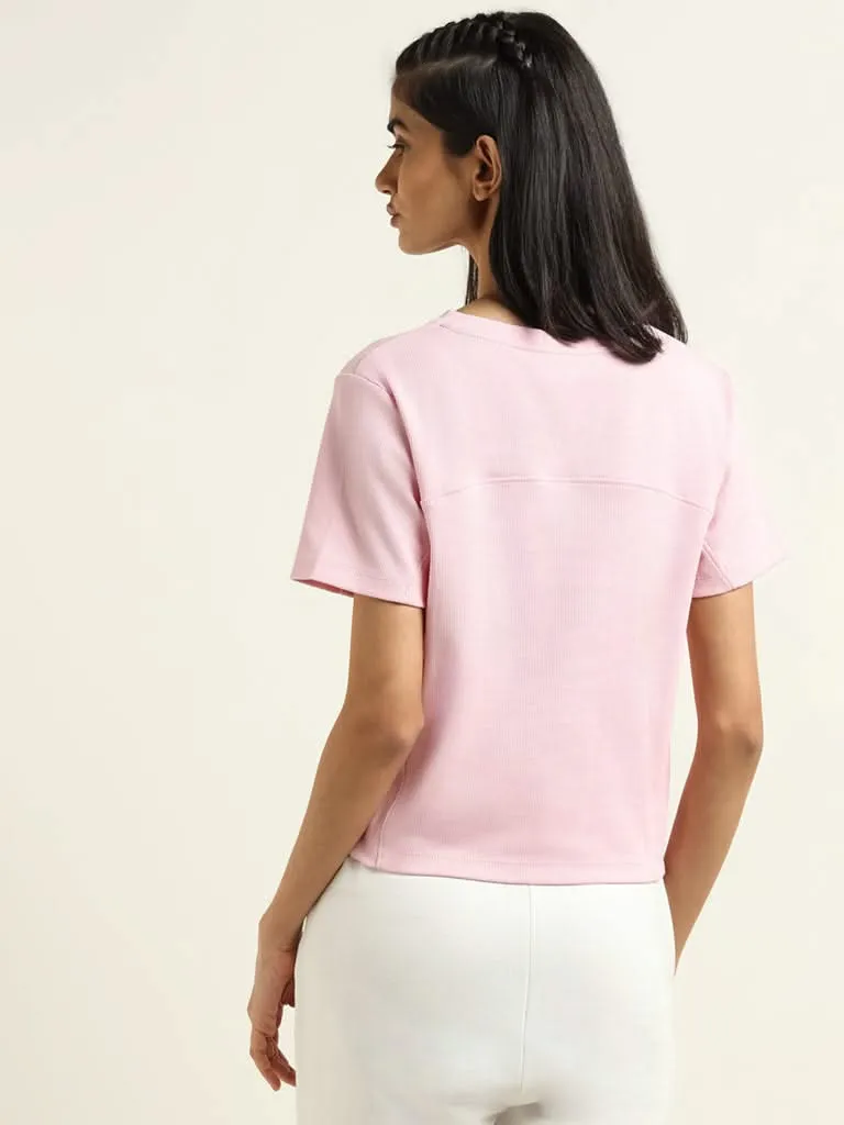 Studiofit Light Pink Printed Cotton Blend T-Shirt