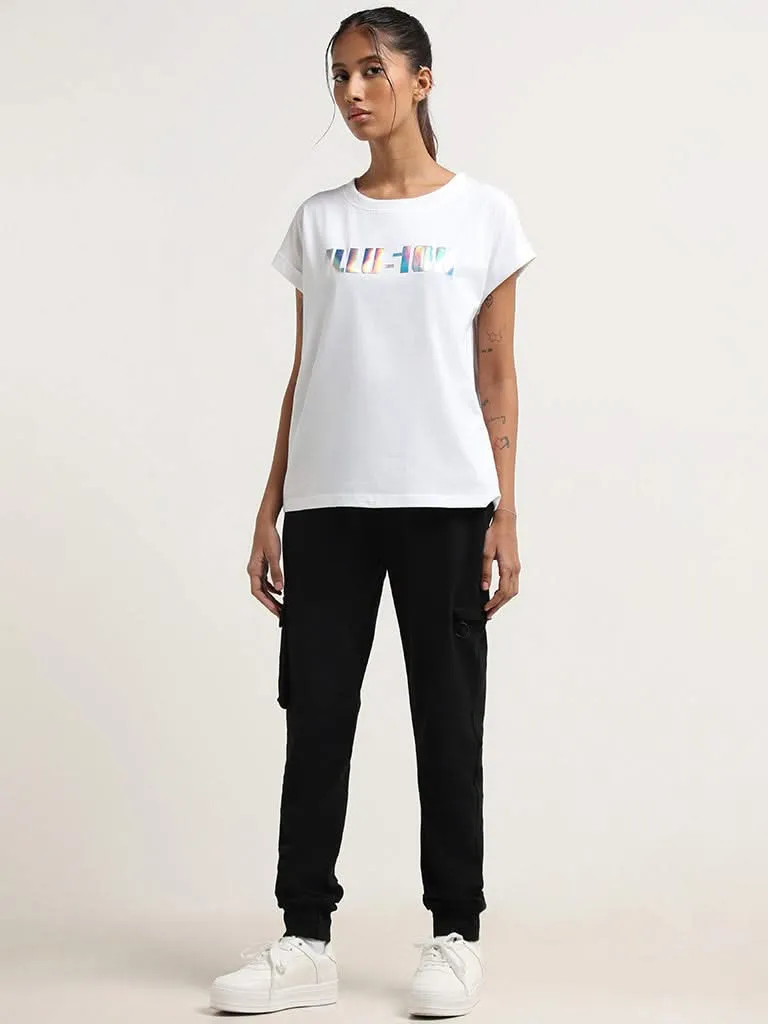 Studiofit White Contrast Print Cotton T-Shirt