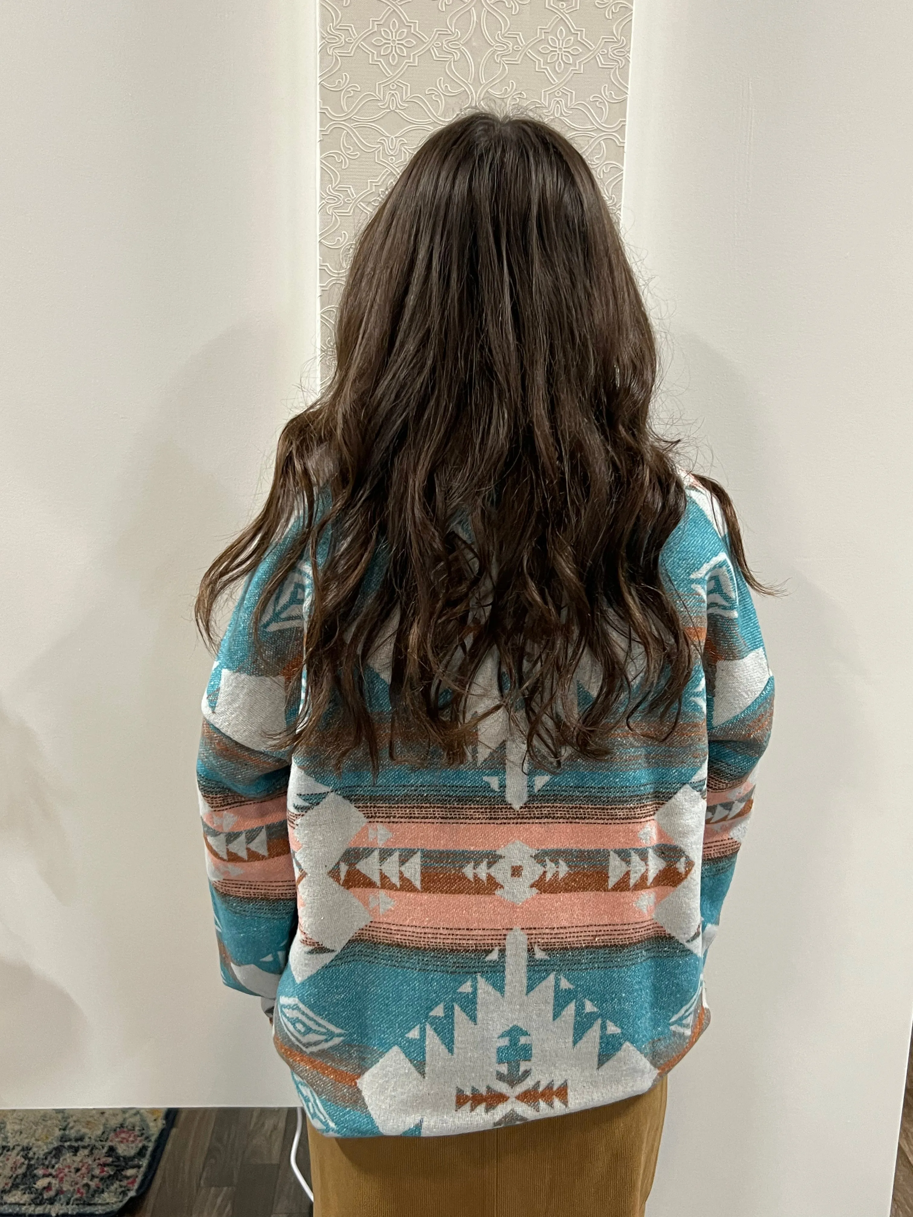 Teal Aztec Printed Henley Woven Pullover Jacket