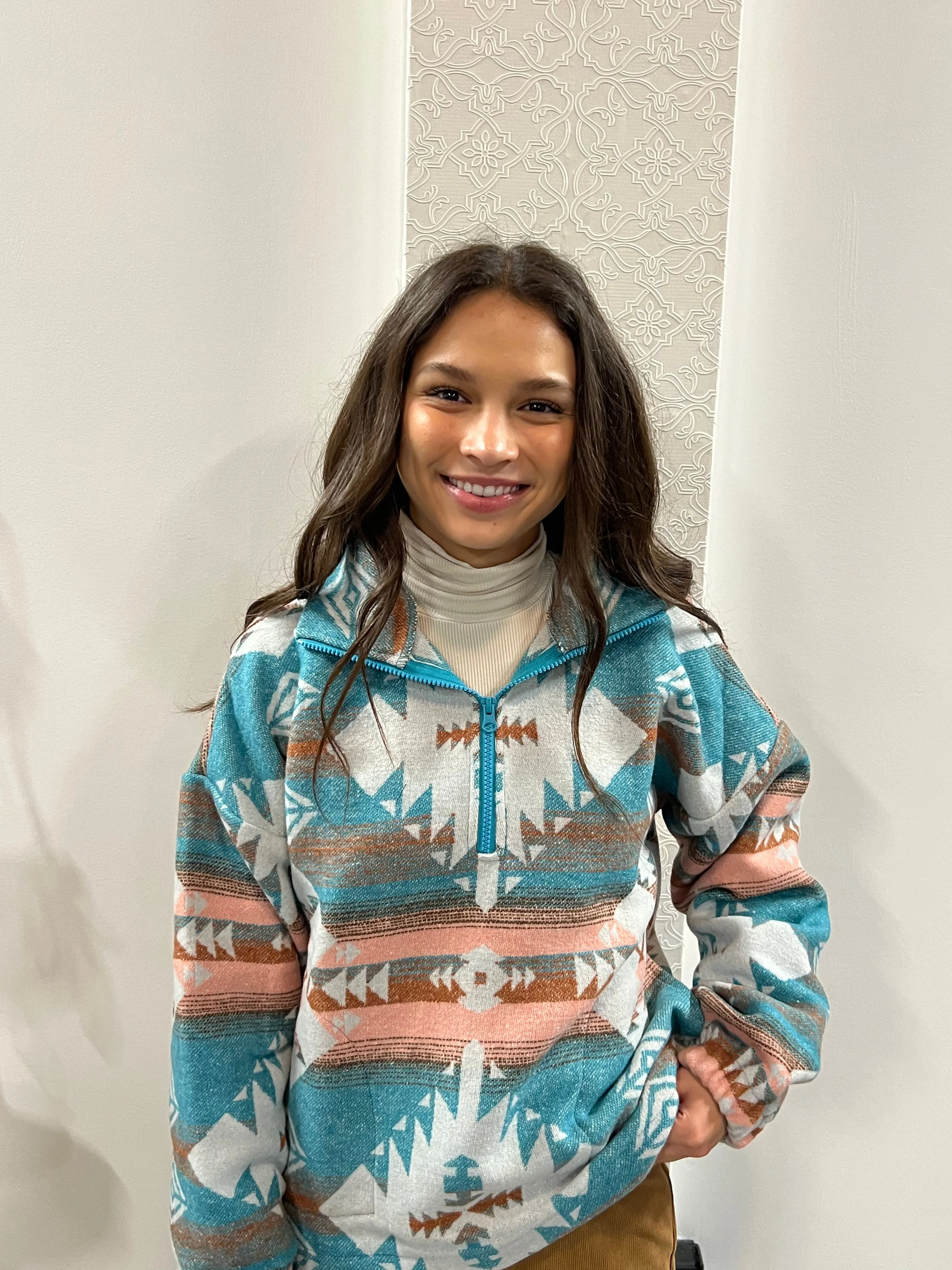 Teal Aztec Printed Henley Woven Pullover Jacket