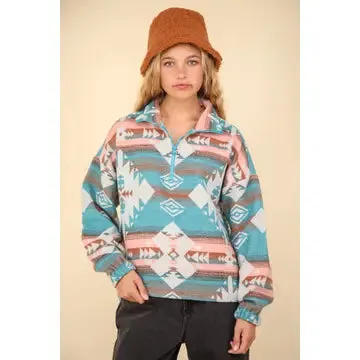 Teal Aztec Printed Henley Woven Pullover Jacket