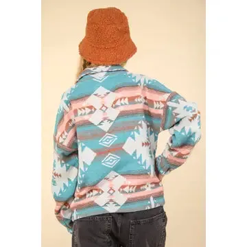 Teal Aztec Printed Henley Woven Pullover Jacket