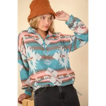Teal Aztec Printed Henley Woven Pullover Jacket