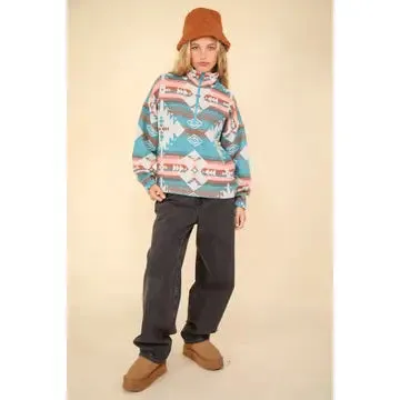 Teal Aztec Printed Henley Woven Pullover Jacket