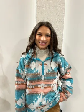 Teal Aztec Printed Henley Woven Pullover Jacket