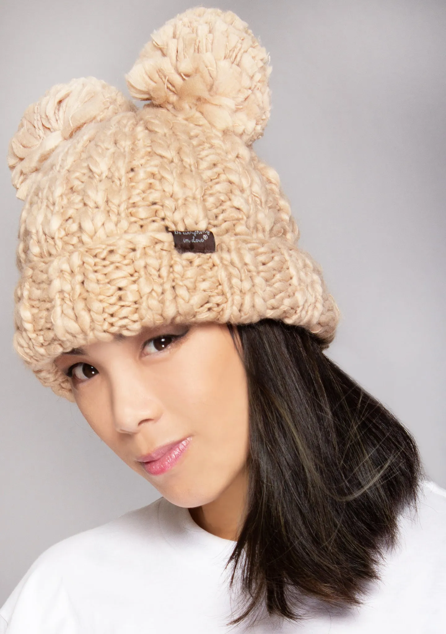 Teddy Bear Knit Beanie in Camel
