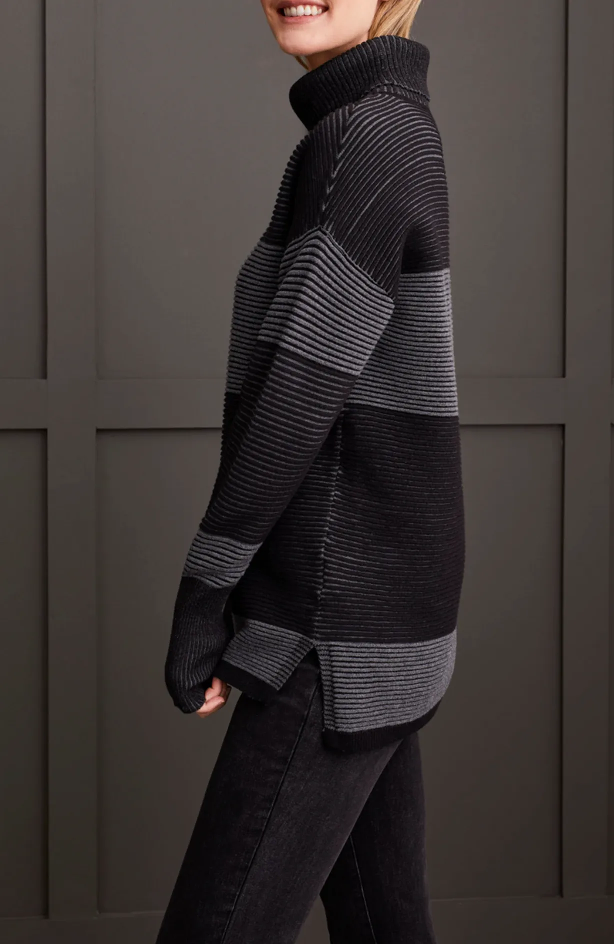 Two-Tone Ottoman Turtleneck Tunic Sweater