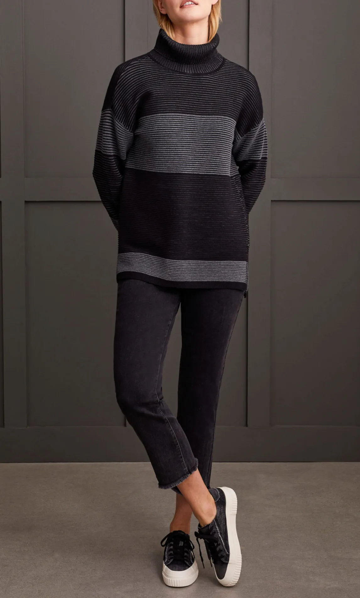 Two-Tone Ottoman Turtleneck Tunic Sweater