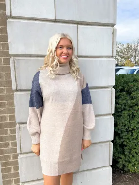 Two Tone Tan/ Blue Turtleneck Sweater Dress