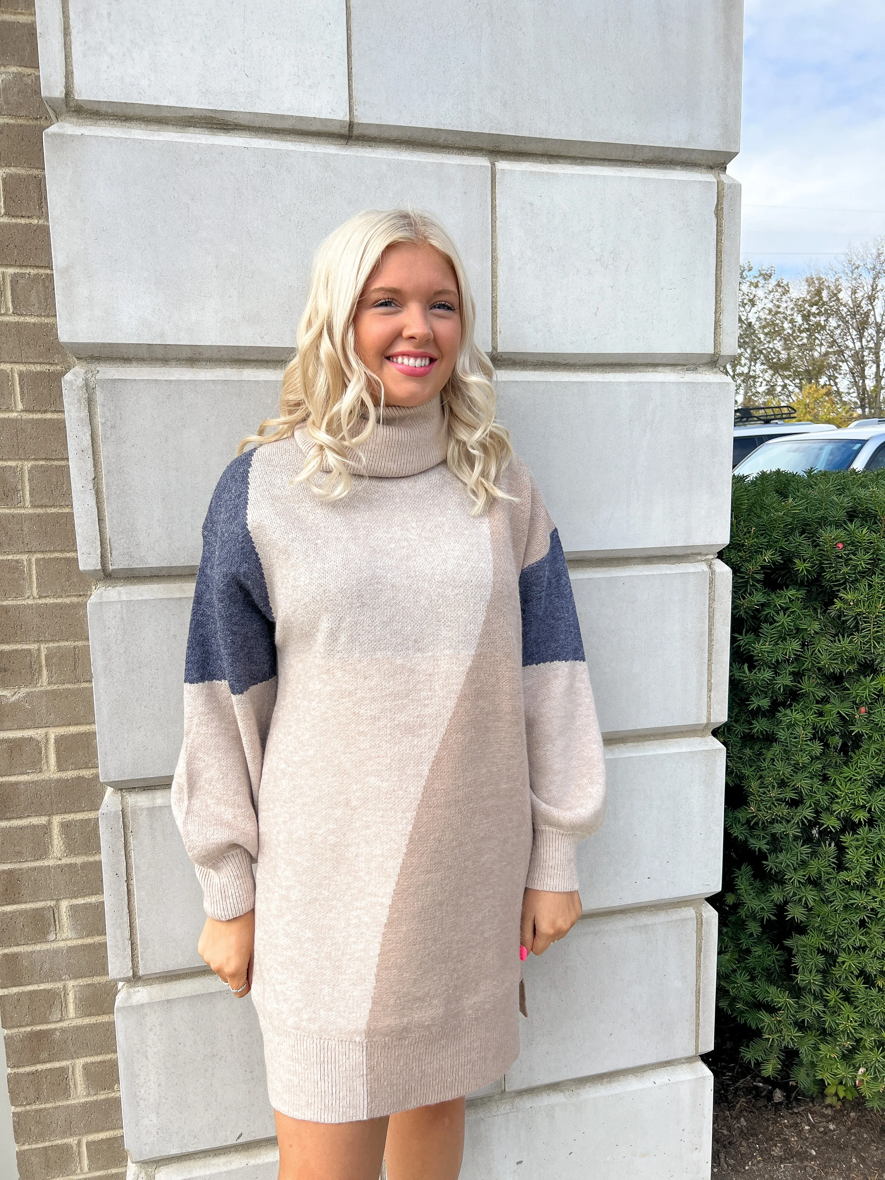 Two Tone Tan/ Blue Turtleneck Sweater Dress