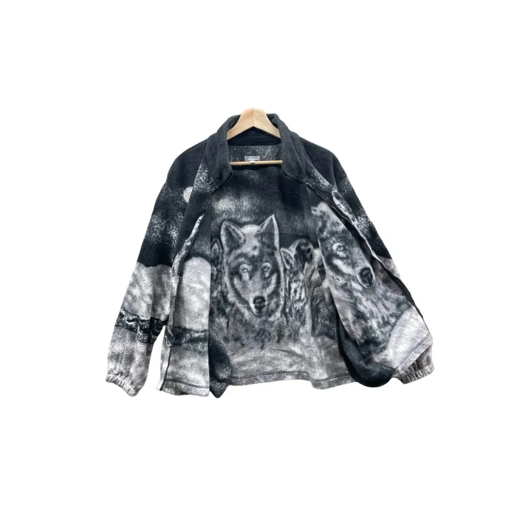 Vintage 1990's Damart Mountain Wolf AOP Animal Full Zip Fleece Jacket