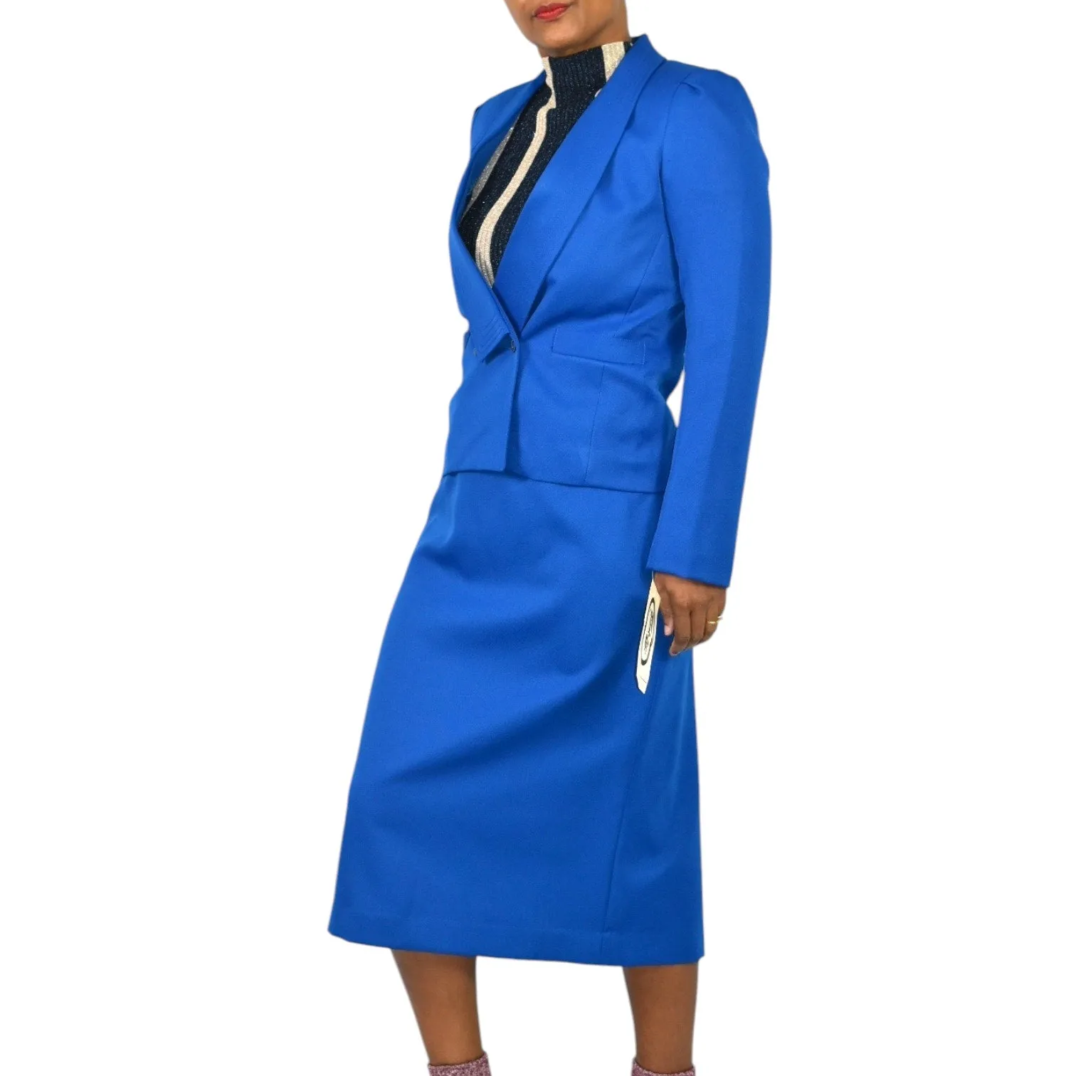 Vintage Frank Lee Skirt Suit Electric Blue 80s Blazer Midi Office Royal Career Small