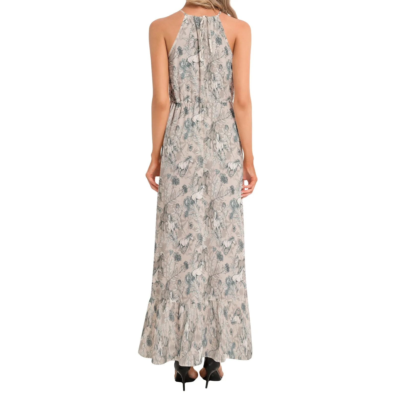 Western Horses Ruffle Hem Halter Neck Maxi Dress
