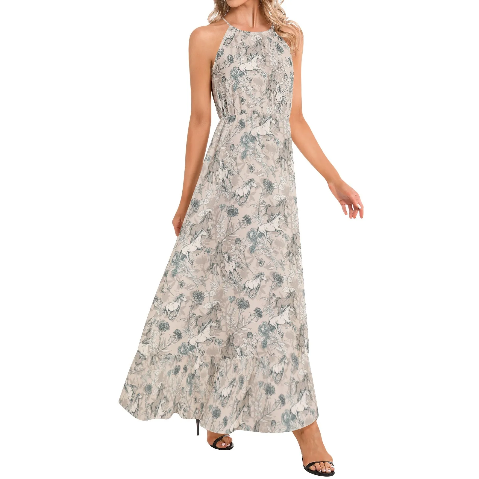 Western Horses Ruffle Hem Halter Neck Maxi Dress