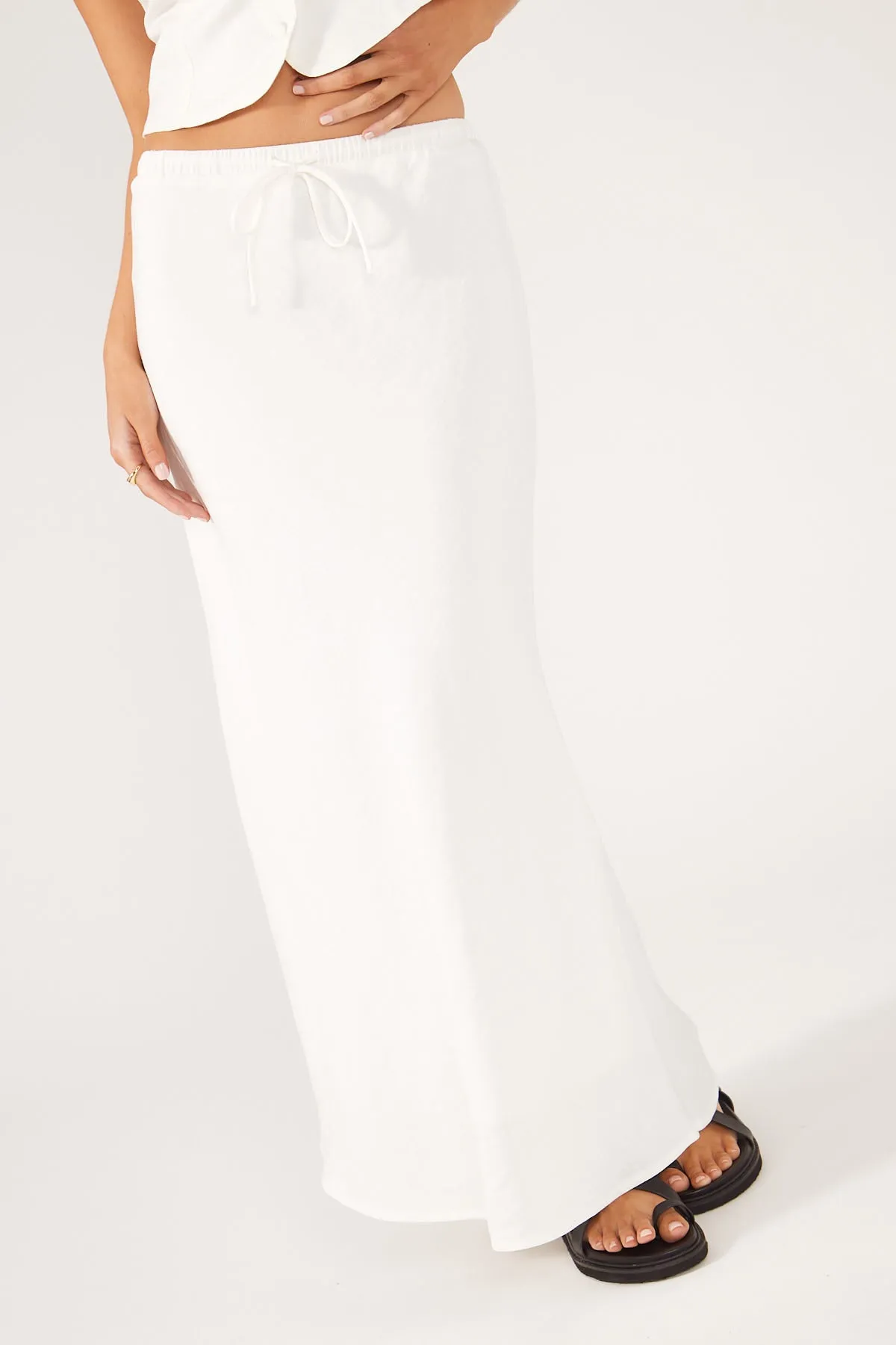White Drawcord Midi Skirt