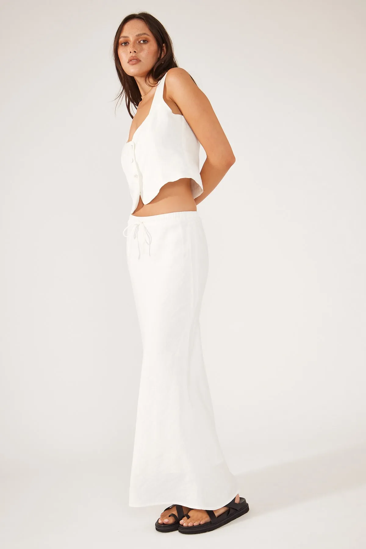 White Drawcord Midi Skirt
