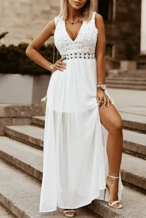 White Maxi Dress Slit Lace Detail V-Neck