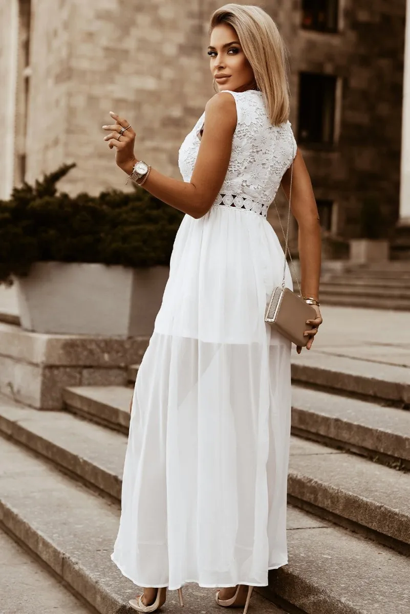 White Maxi Dress Slit Lace Detail V-Neck
