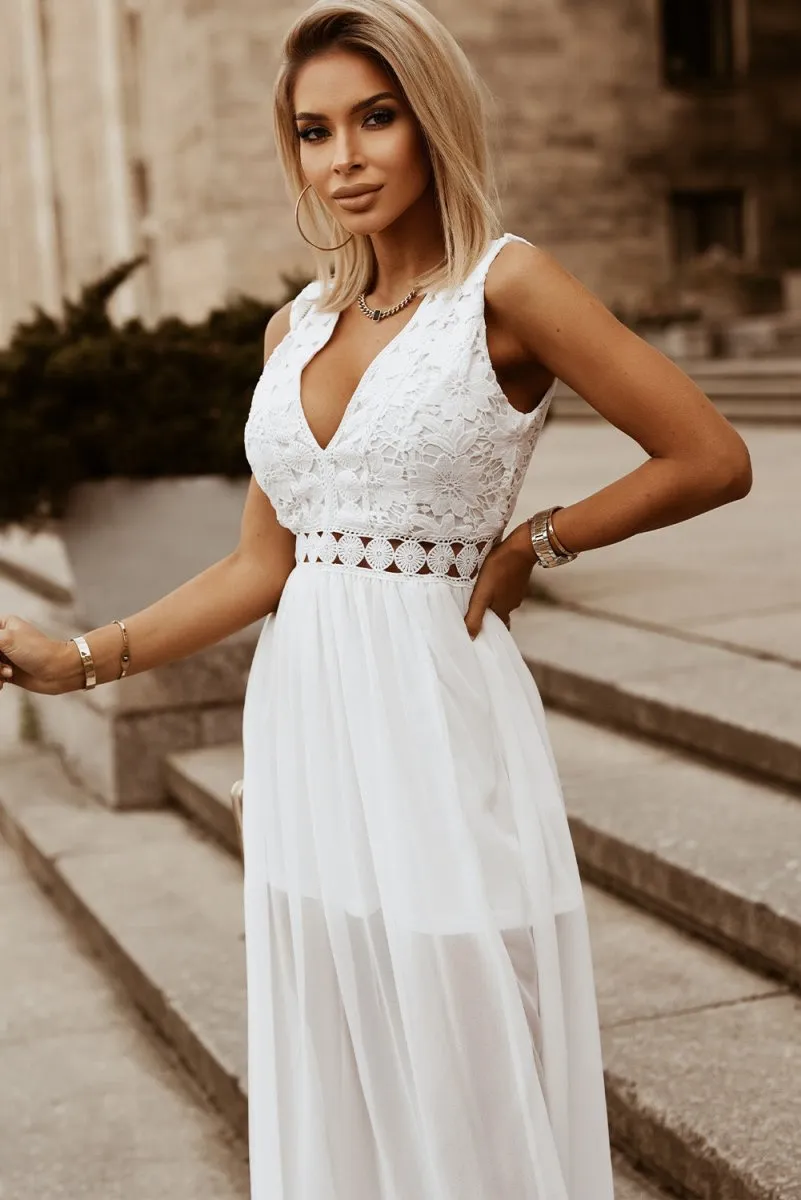 White Maxi Dress Slit Lace Detail V-Neck