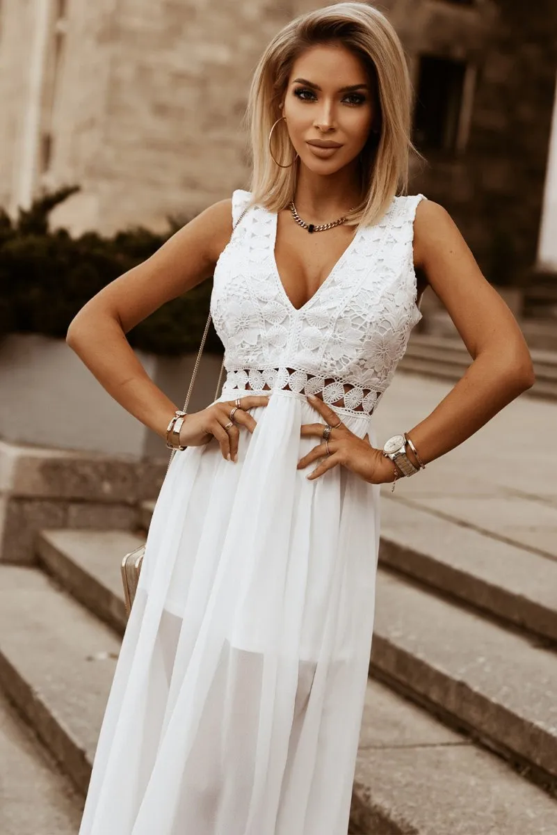 White Maxi Dress Slit Lace Detail V-Neck