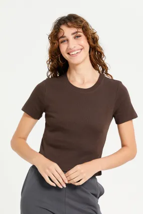 Women Brown Ribbed T-Shirt