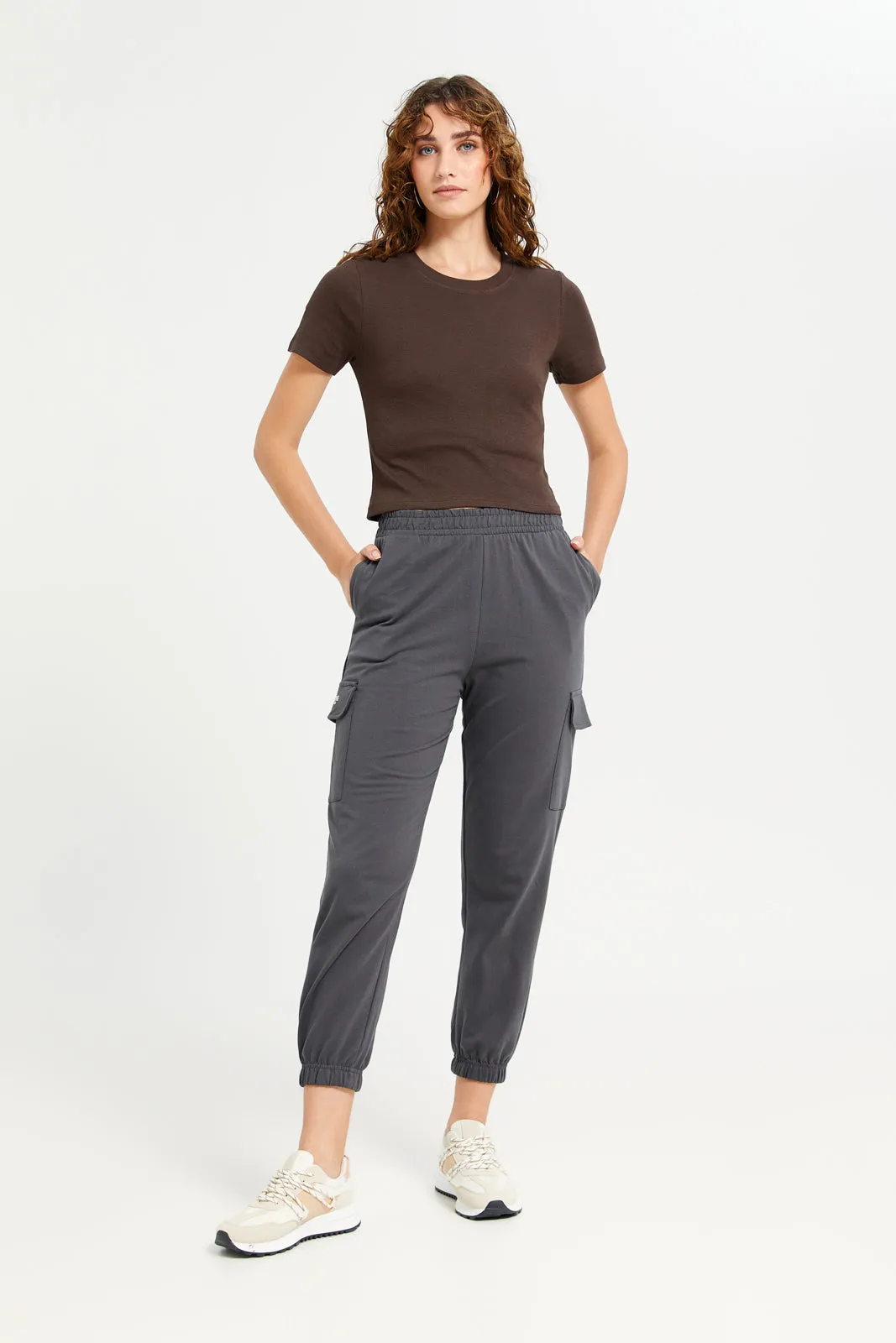 Women Brown Ribbed T-Shirt