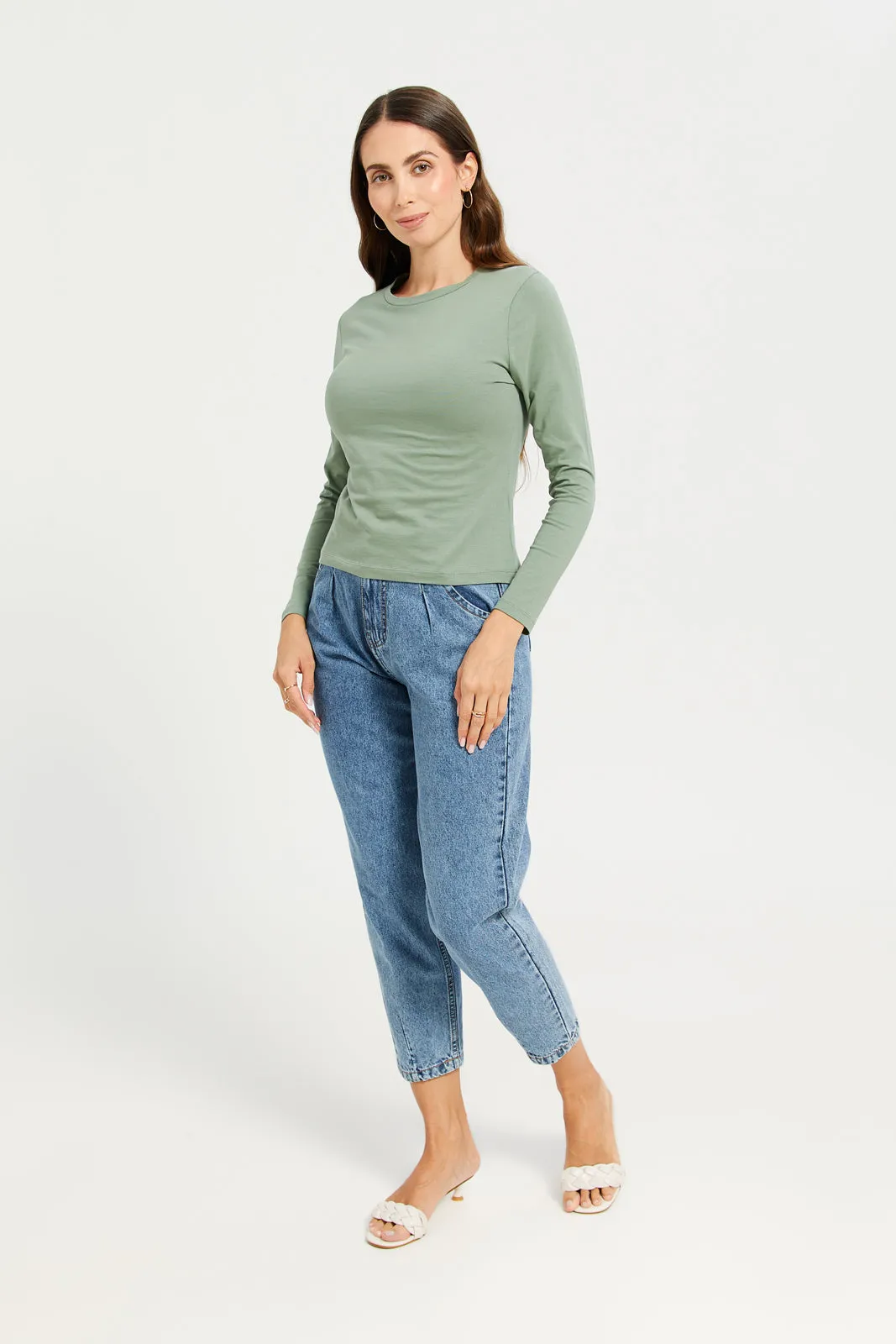 Women Green Long Sleeve Basic T-Shirt