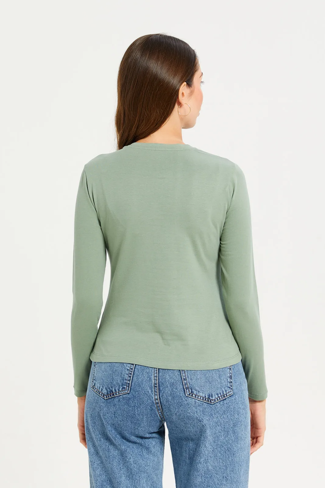 Women Green Long Sleeve Basic T-Shirt